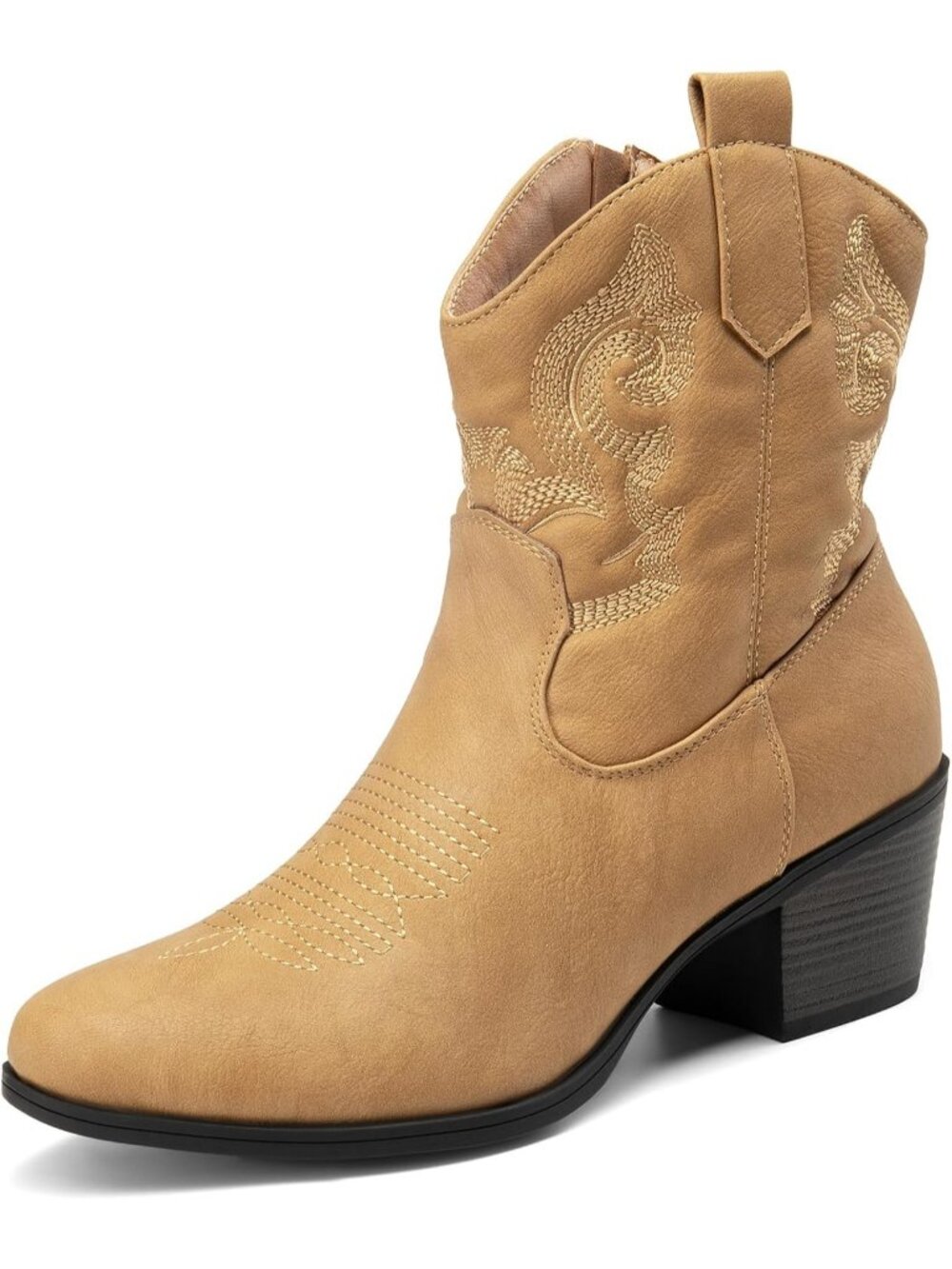 Women's Tan Western Cowgirl Embroidered Ankle Boots Fashion Low Chunky Heel